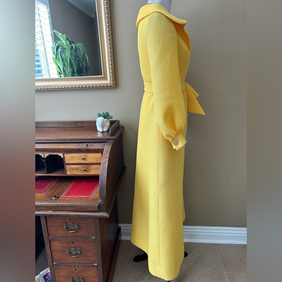 Vintage 1960s I. Magnin Studio Six Yellow Pique Maxi Dress Button Front Bow S M - Picture 7 of 12